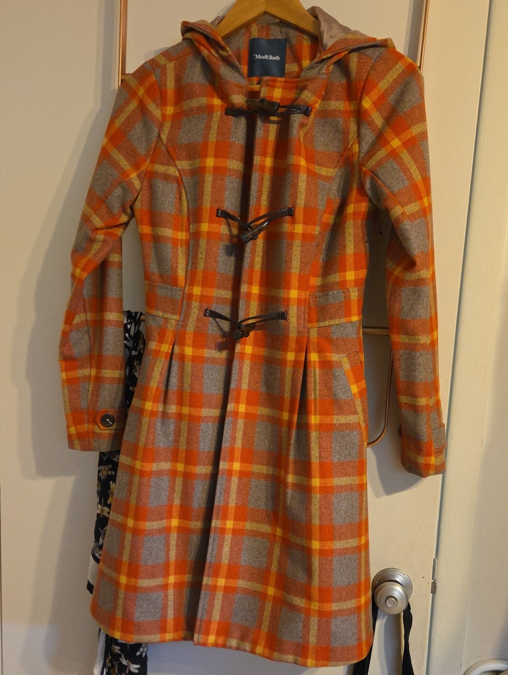 ModCloth Orange and Yellow Plaid Hooded Toggle Coat